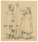 32544 Afbeelding van een meisje met een viool in haar rechterhand en een harpspelend meisje tijdens een kermis te Utrecht.